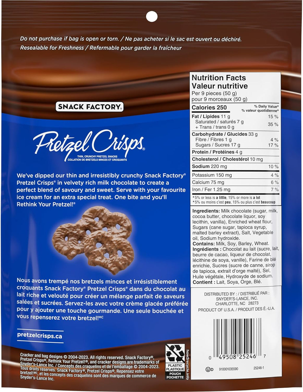 Snack Factory Milk Chocolate Crunch Pretzel Crisps, 155g/5.5 oz., Bag, back of bag