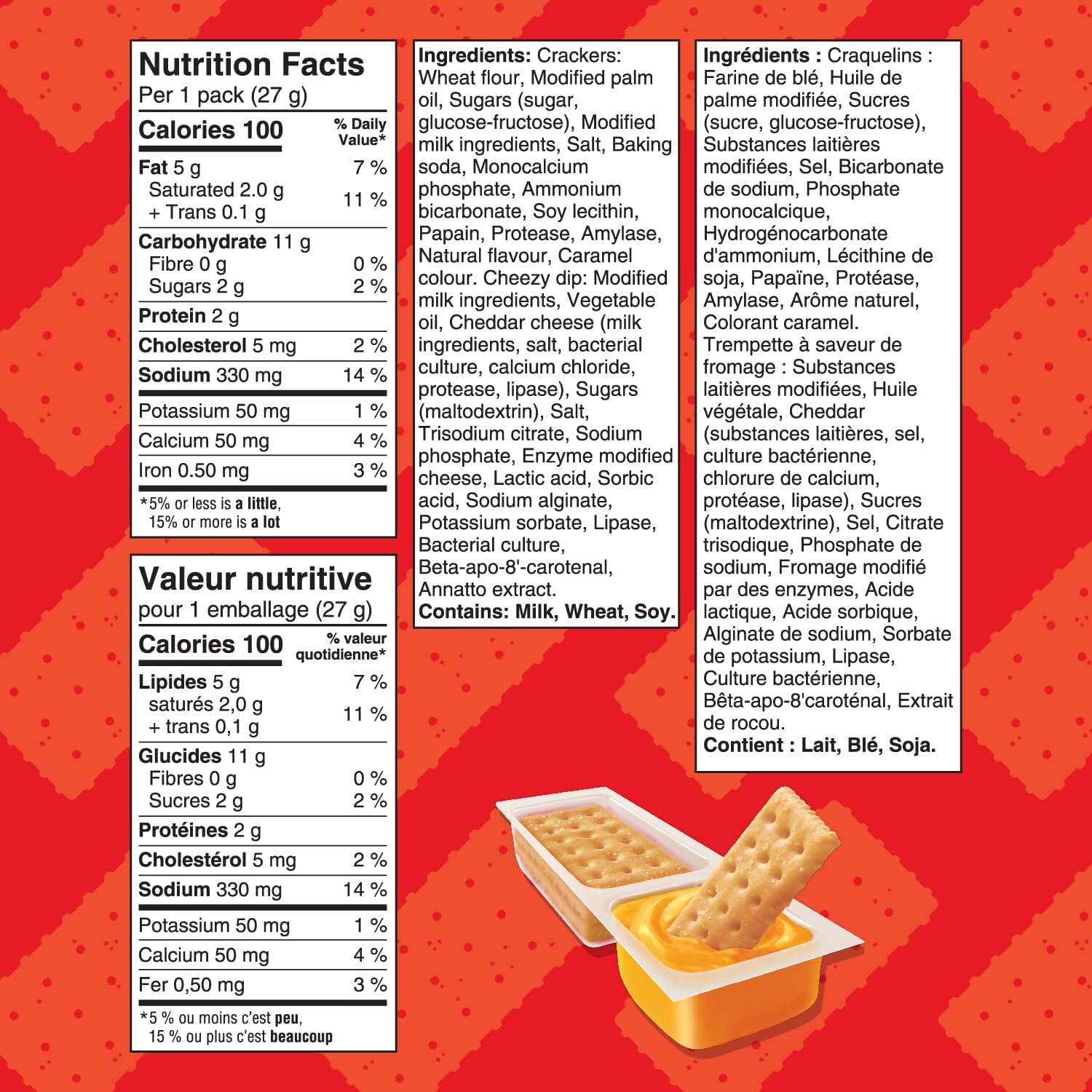 Ritz Handi-Snacks Crackers & Cheese Flavored Dip, (10x27g), 270g/9.5 oz - Nutrition facts label and ingredients list on a red background