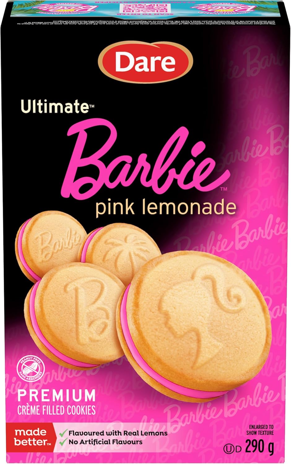 Box of Dare Ultimate Barbie Pink Lemonade cookies with pink lemonade flavor text.