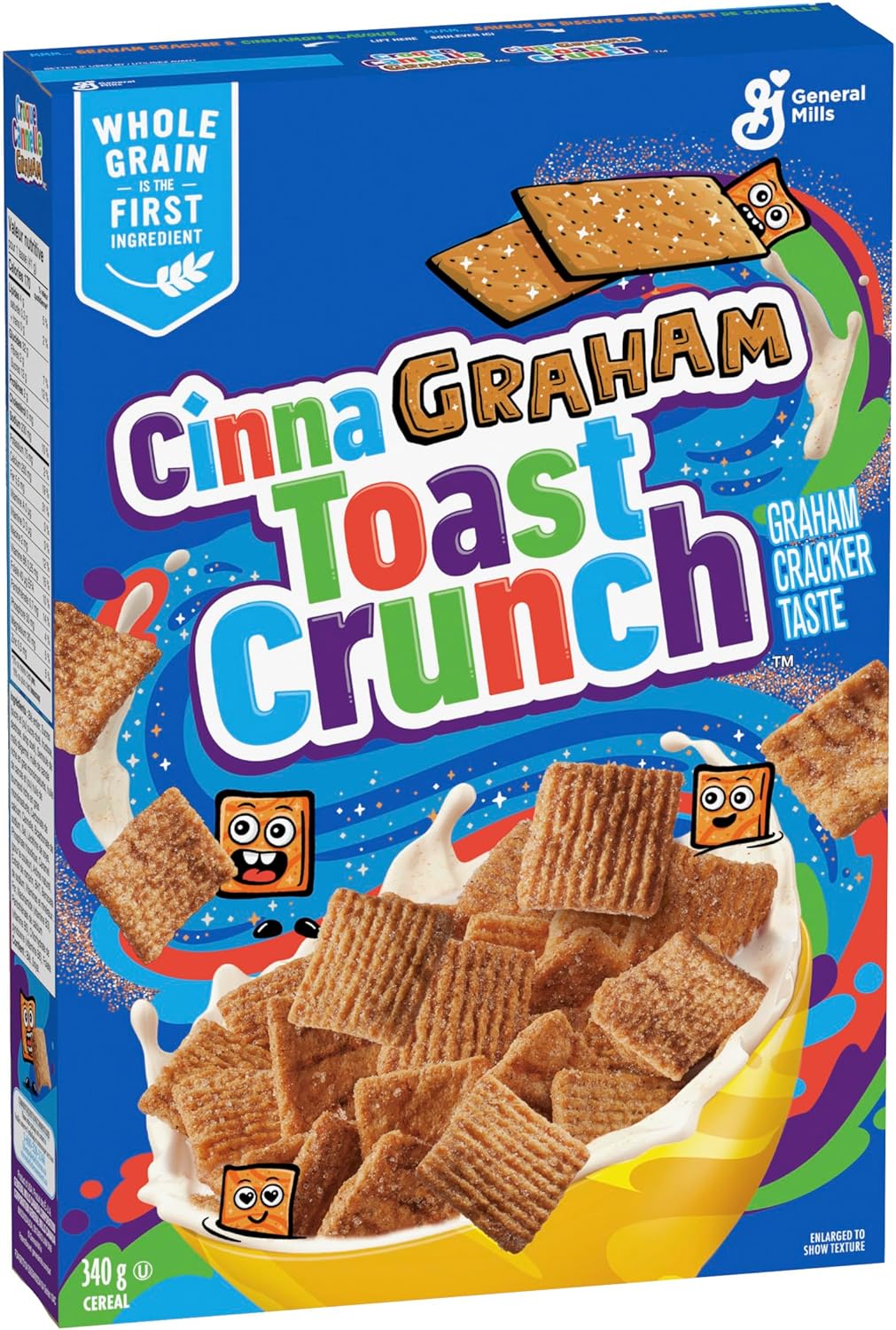 CinnaGraham Toast Crunch cereal box with colorful design and General Mills branding.