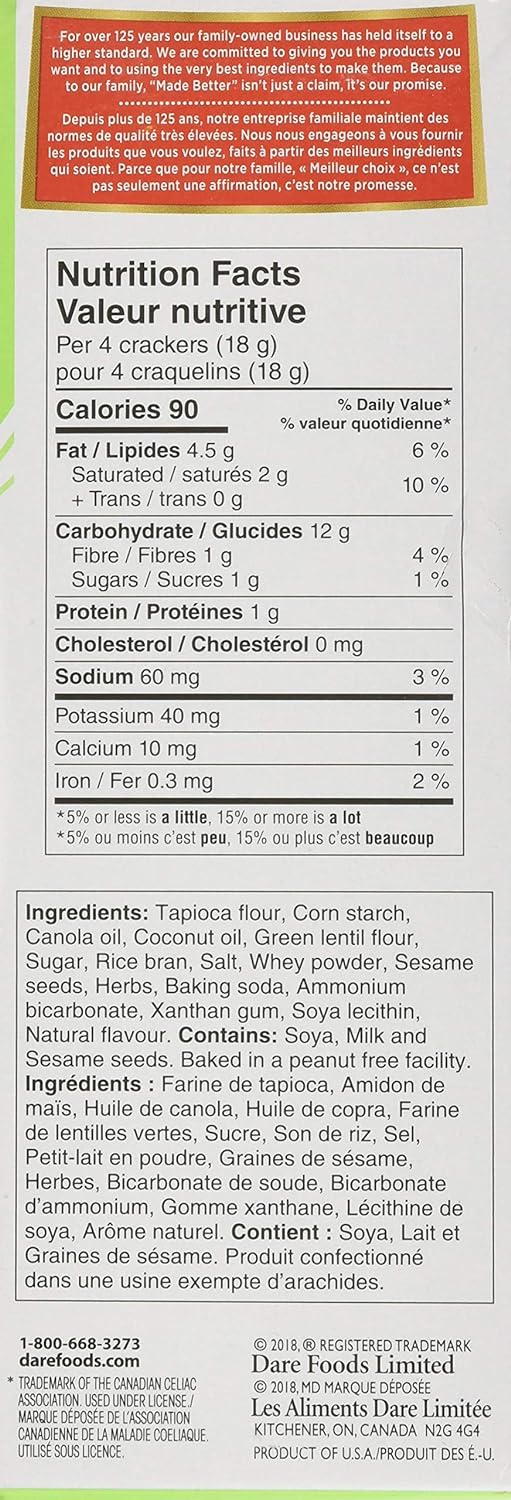 Dare Breton Gluten Free Herb & Garlic Crackers, 135g/4.7 oz. Box {Imported from Canada}