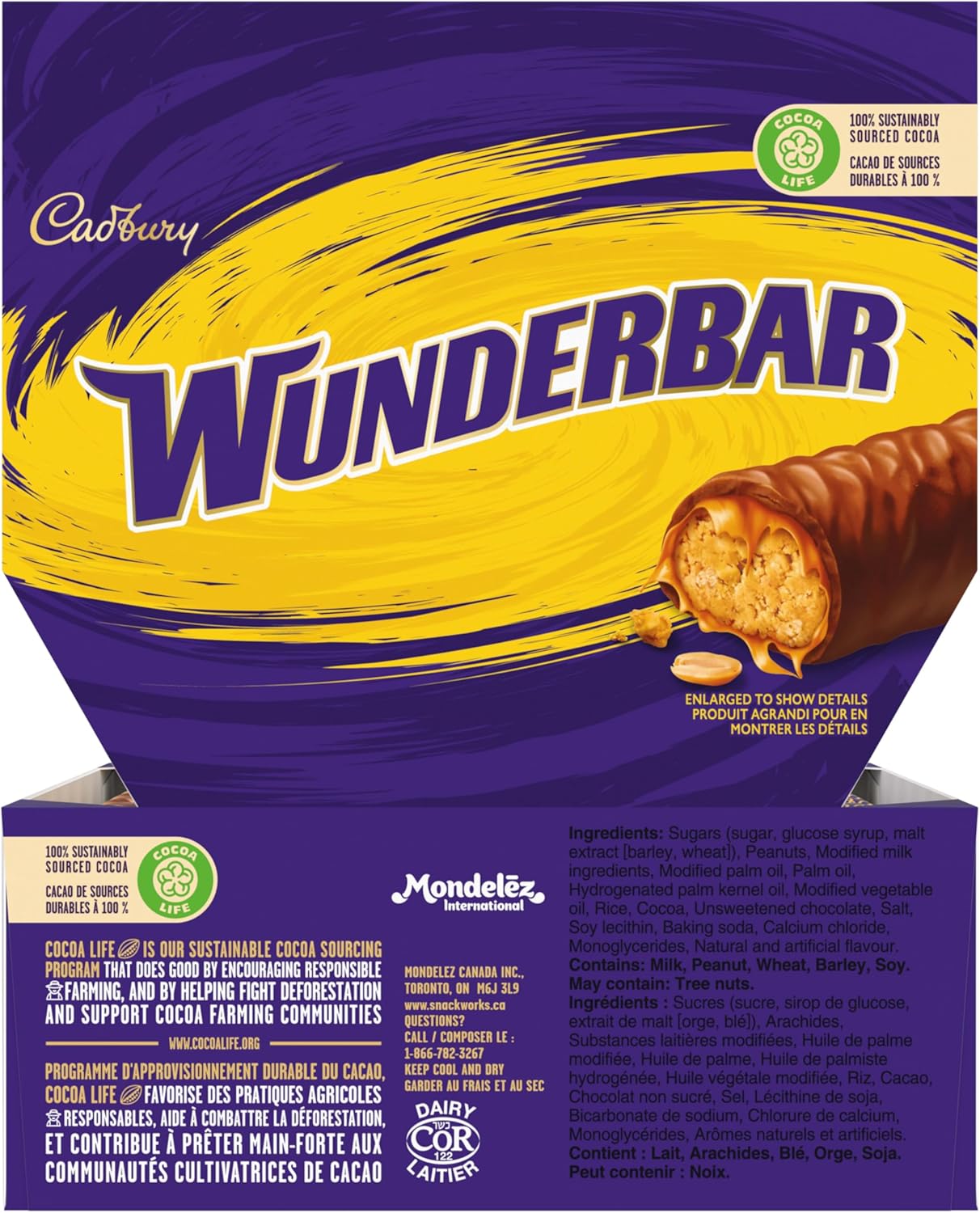 Cadbury Wunderbar Chocolate Bars, Full Size Candy Bars Bars 24x49g, 1.18kg/41.6 oz with purple and yellow design.
