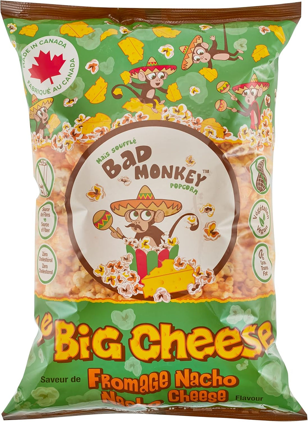 Bad Monkey Nacho Cheese Popcorn, 300g, front of bag.