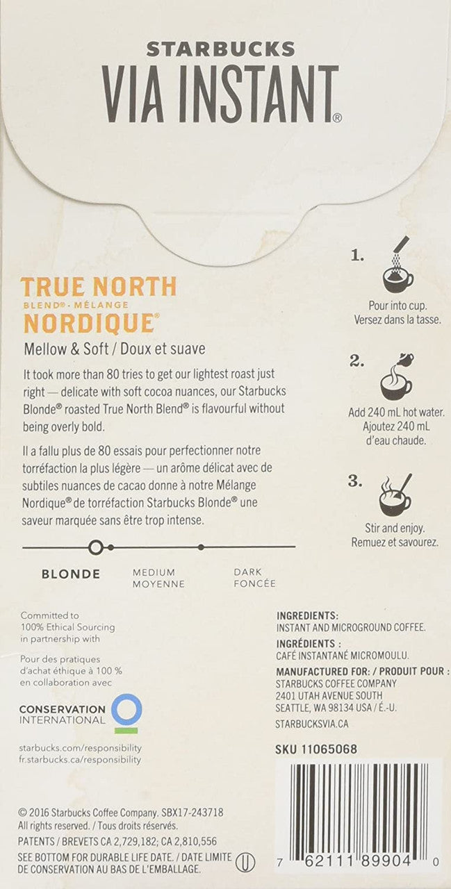 Starbucks Via Instant True North Blend Blonde Roast Instant Coffee, 8 sachets {Imported from Canada}