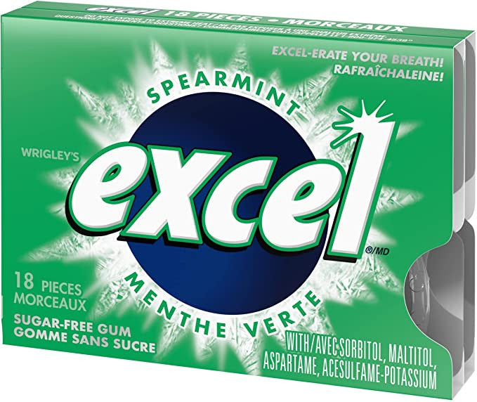 Excel Sugar Free Gum Spearmint, 3-Pack, 18 pieces each {Imported from Canada}