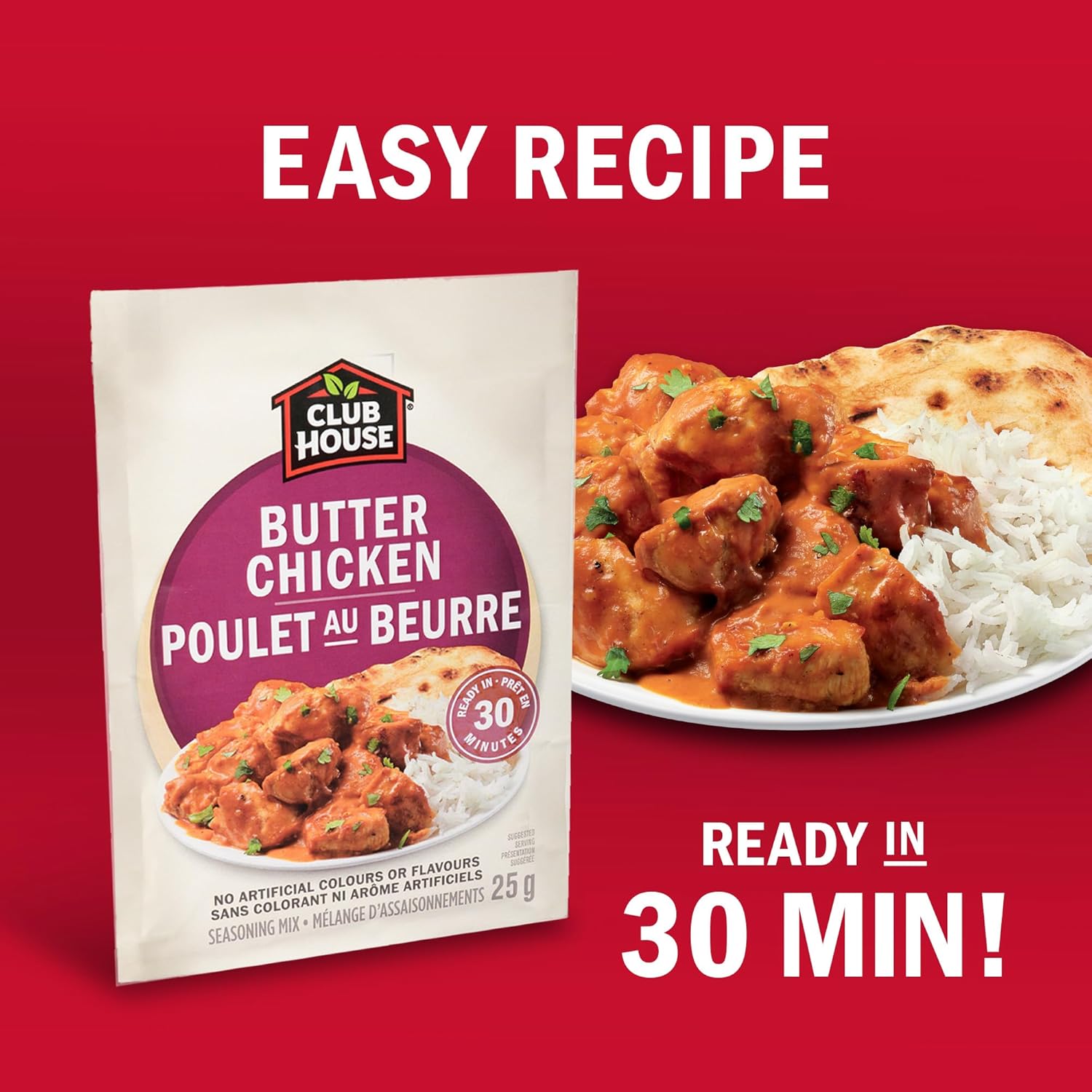 Club House Butter Chicken seasoning packet with a plate of butter chicken and rice on a red background