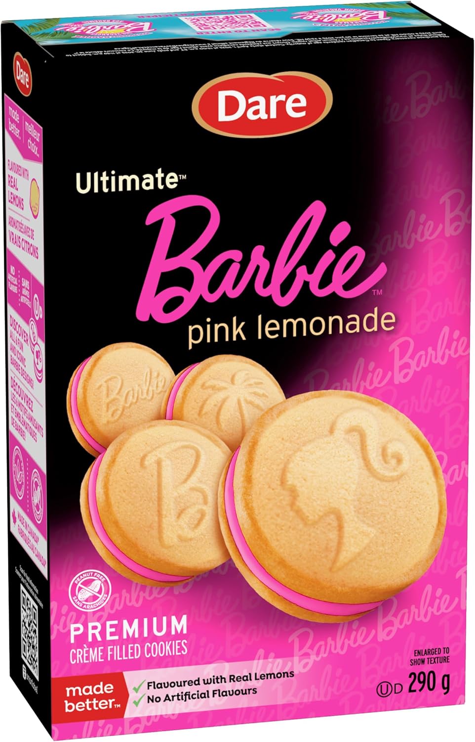 Box of Dare Ultimate Barbie pink lemonade cookies with pink lemonade flavor text.