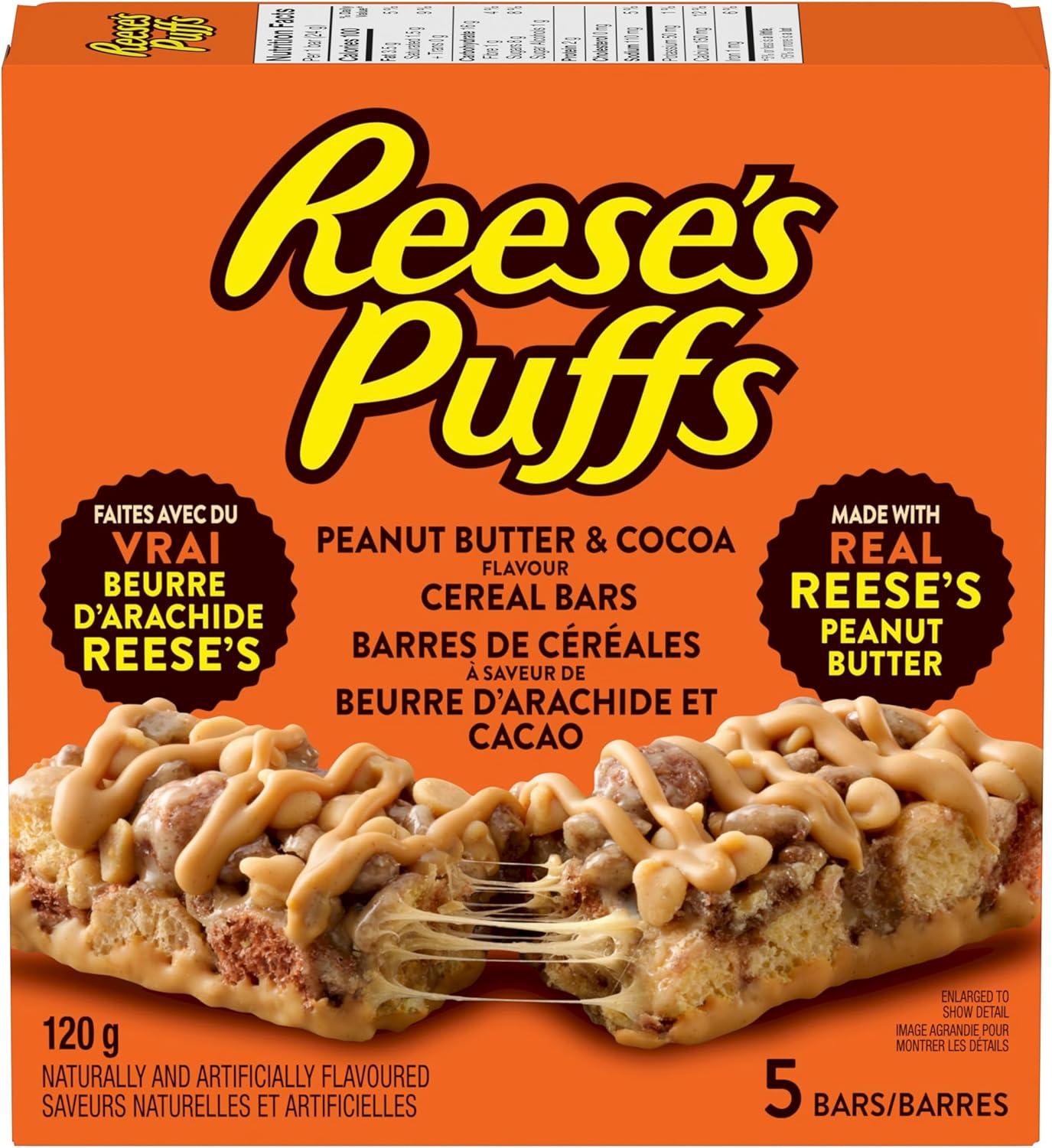 Reese's Puffs Peanut Butter & Cocoa Flavor Cereal Bars, Pack of 5 Bars, 120g/4.2 oz., Box, front of box.