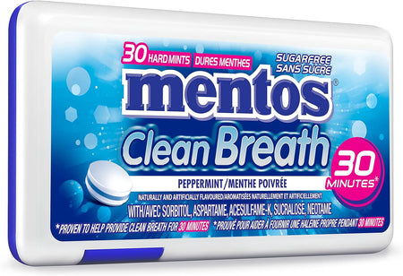 Mentos Clean Breath Mints, Peppermint, 30pc/12 Pack, front of one pack.