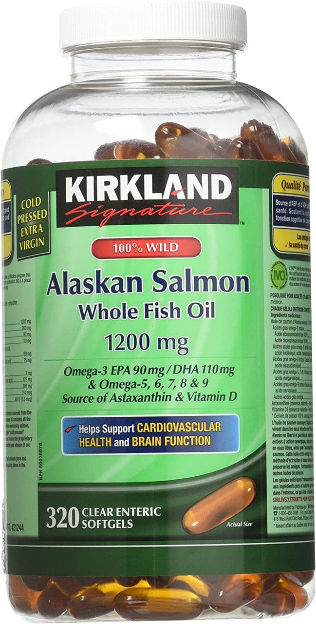 Kirkland Signature 100% Wild Alaskan Salmon Whole Fish Oil, 320 Softgels, {Imported from Canada}