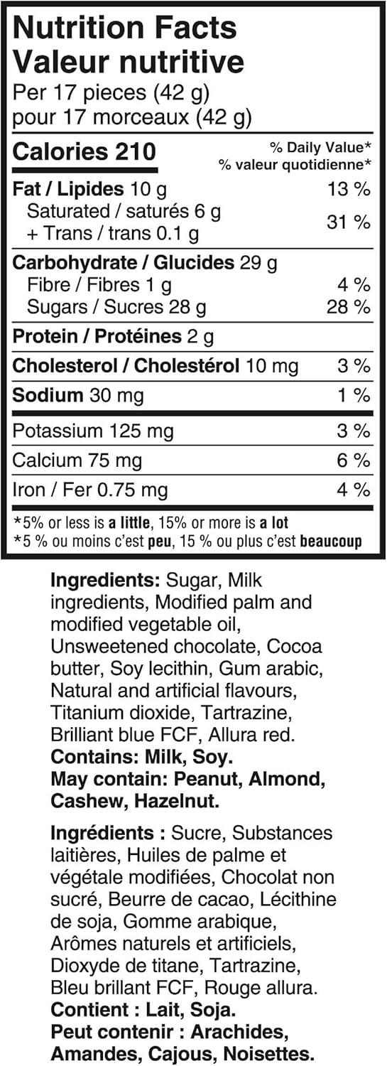 Nutrition facts and ingredients list for Cadbury Mini Eggs 700g/24.6 oz on a white background