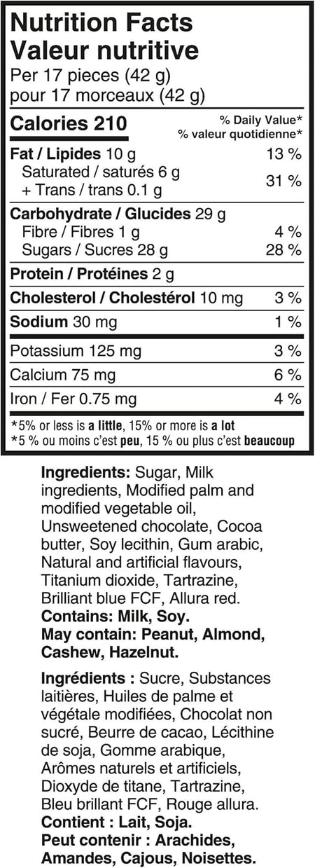 Nutrition facts and ingredients list for Cadbury Mini Eggs 700g/24.6 oz on a white background