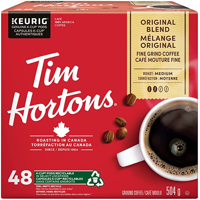 Tim Hortons Original Blend Coffee, Medium Roast, 48ct K-cups, 1 Box {Imported from Canada}
