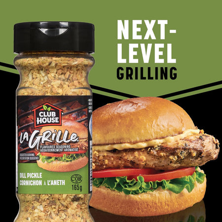 Bottle of Club House La Grille Dill Pickle Seasoning with a burger on a green background
