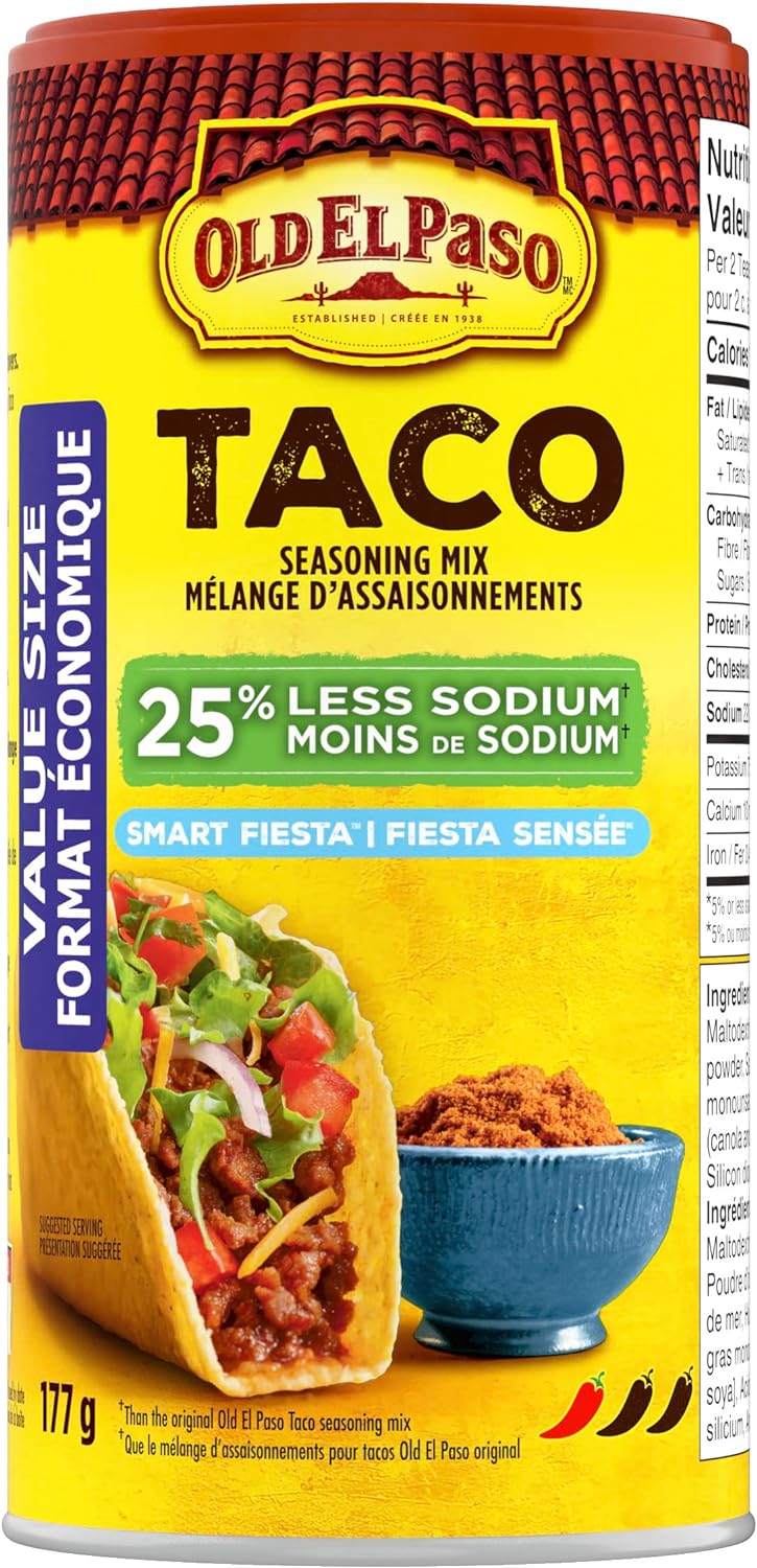 Old El Paso 25% Less Sodium Taco Seasoning Mix, Value Size, 177g/6.2oz - Front