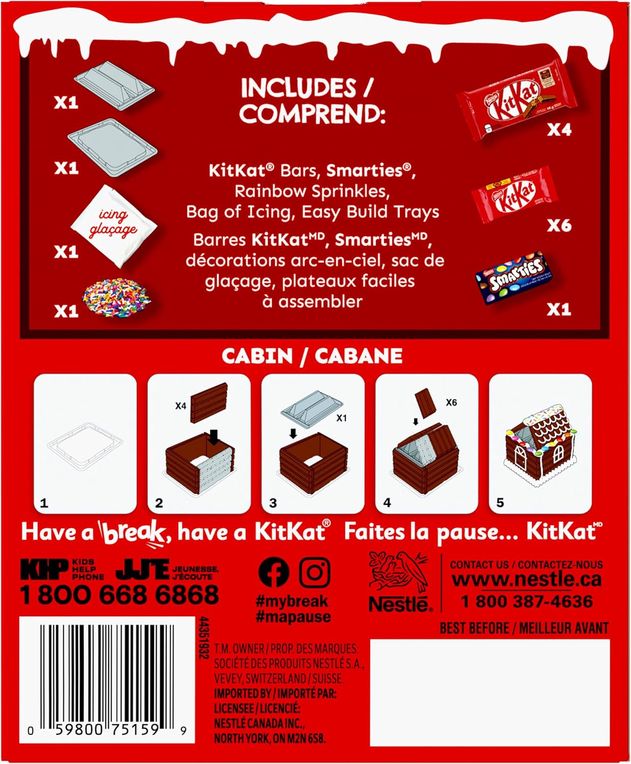 Back of Nestle Kit Kat Holiday Cabin Building Kit, 389g/13.7 oz., Box