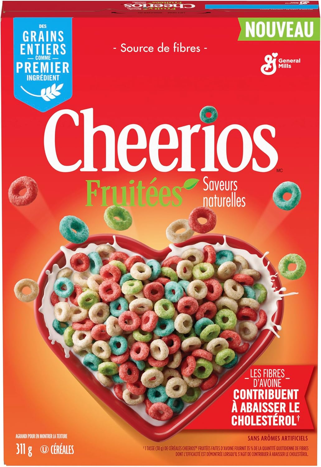 Box of General Mills Cheerios Fruited cereal with a heart-shaped bowl of cereal on an orange background.