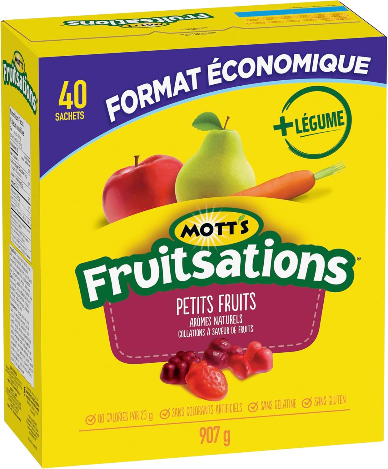Mott's Fruitsations + Veggie Berry Gummies, 40 Pouches - 907g packaging with fruits and text on a yellow background
