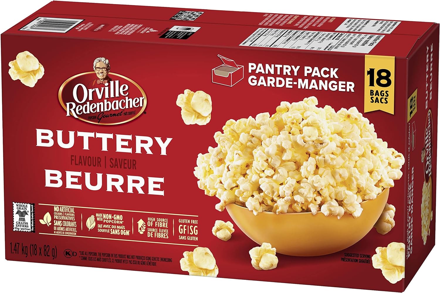 Orville Redenbacher Buttery Popcorn, Microwave Popping Corn Bags, 18pk, 1.47kg, angle of box.