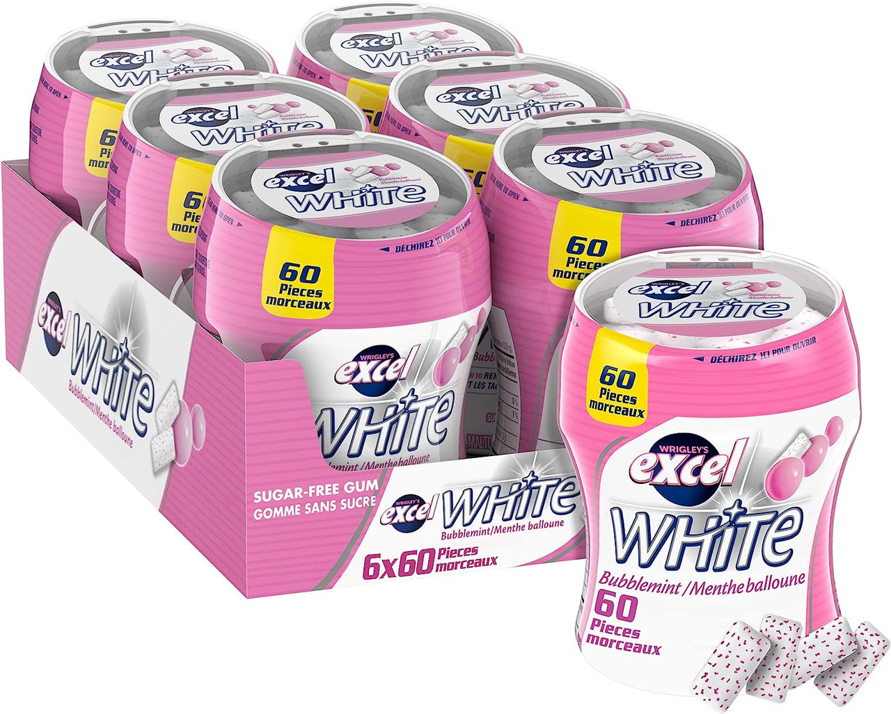Excel White Sugar-Free Gum,Bubblemint, 60pc Bottle,6ct (2pk) {Imported from Canada}