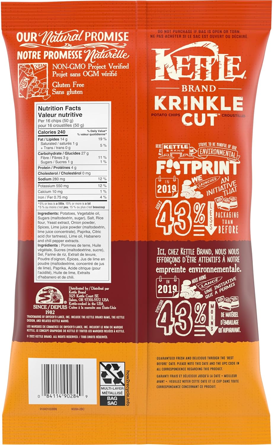 Kettle Brand Krinkle Cut Habanero Lime Flavored Potato Chips 198g/7 oz., Bag, back of bag.