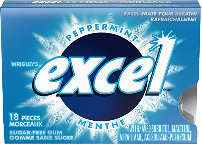 Excel Sugar-Free Gum, Peppermint, 3-pack, 18 pieces each (Imported from Canada)