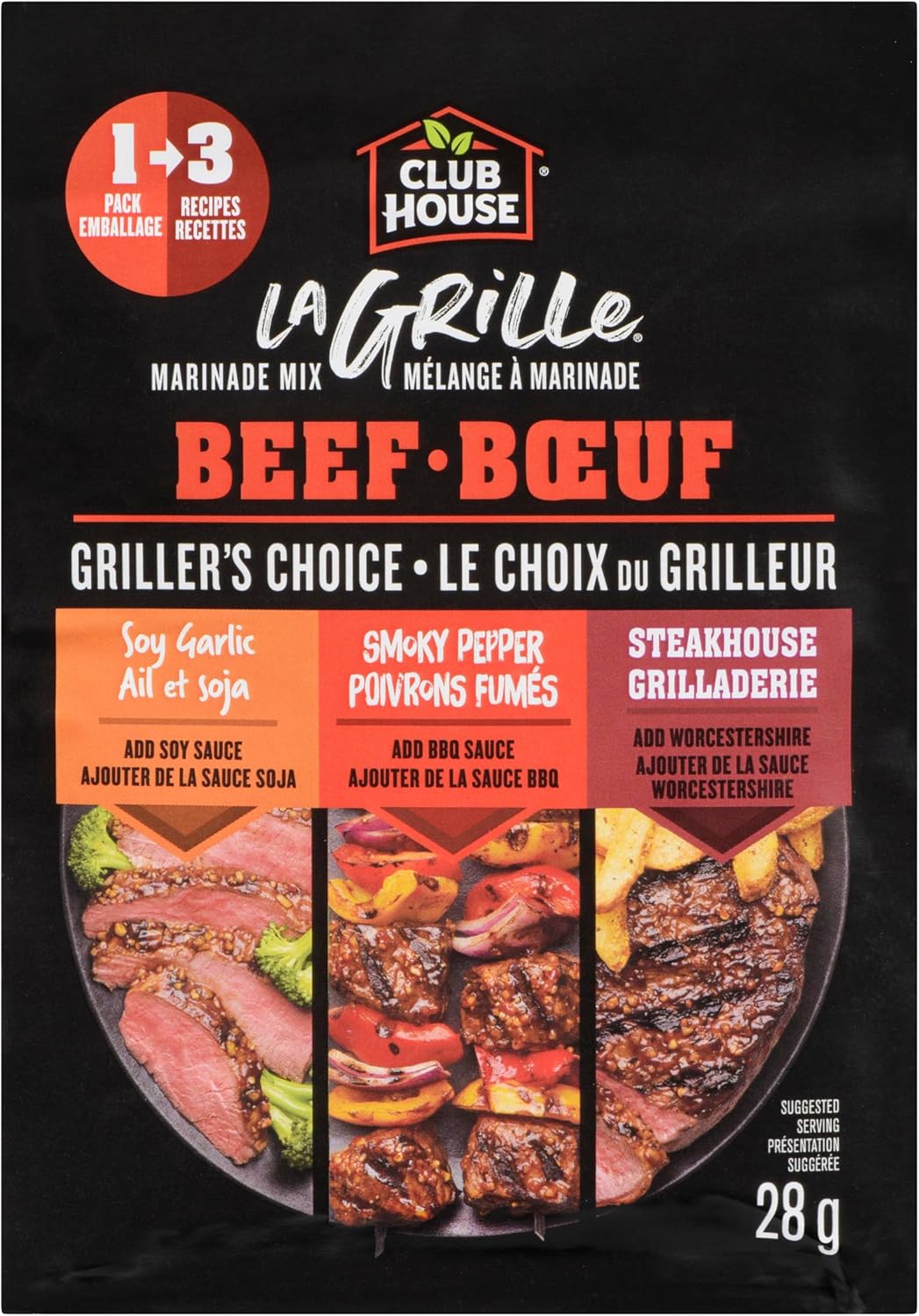 Packaging of Club House La Grille Griller's Choice Beef Marinade Mix 28g with images of grilled beef and text on a black background.