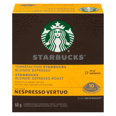 Starbucks Blonde Espresso Roast Coffee, Capsules for Nespresso Vertuo, 10 count, 68g/2.4 oz. Box {Imported from Canada}