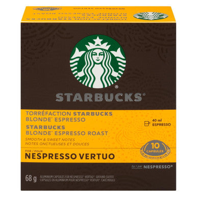 Starbucks Blonde Espresso Roast Coffee, Capsules for Nespresso Vertuo, 10 count, 68g/2.4 oz. Box {Imported from Canada}