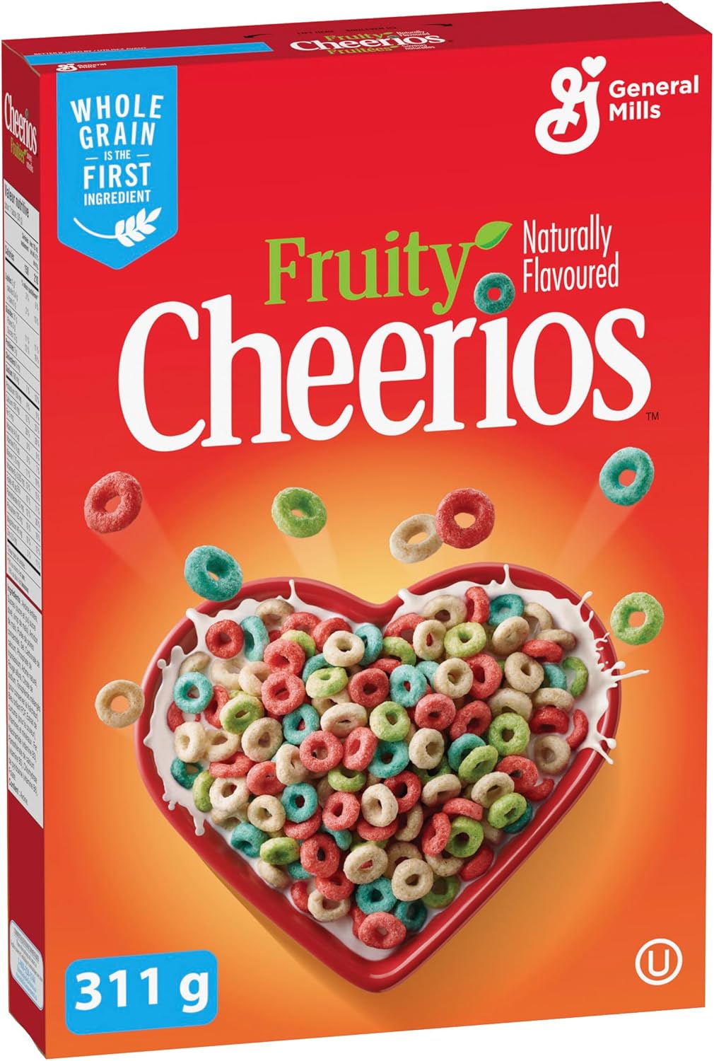 Box of Fruity Cheerios cereal with heart-shaped bowl on an orange background