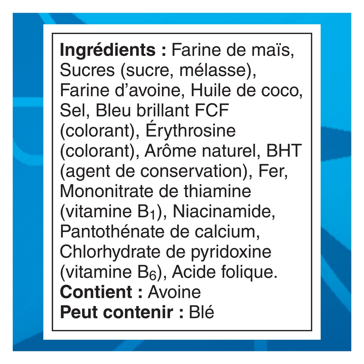 List of French ingredients for Cap'n Crunch Cotton Candy Crunch Cereal, 288g/10.1 oz with a blue border