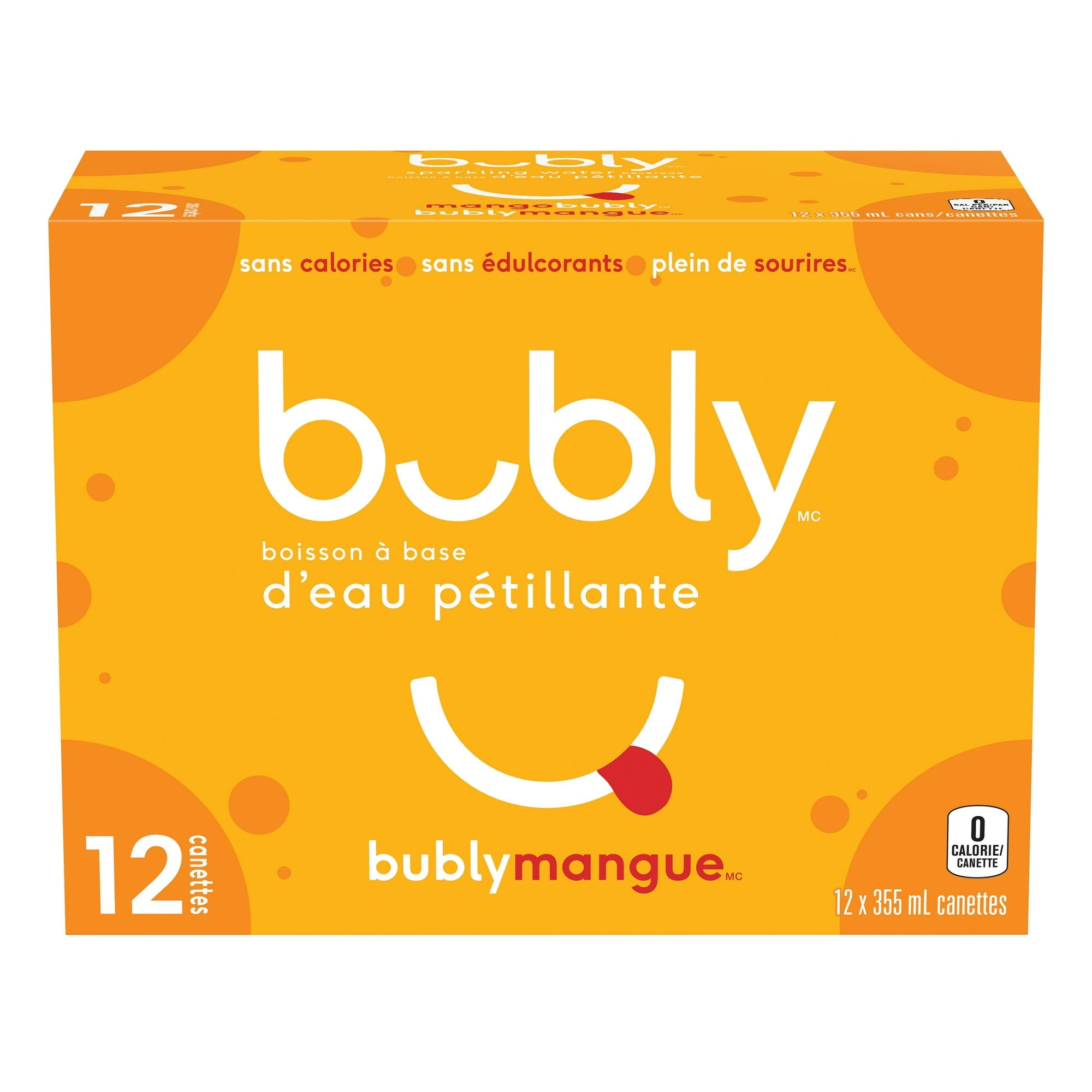 Front of Bubly Mango Sparkling Water Beverage, 12x355ml cans, 4.26L/144 oz