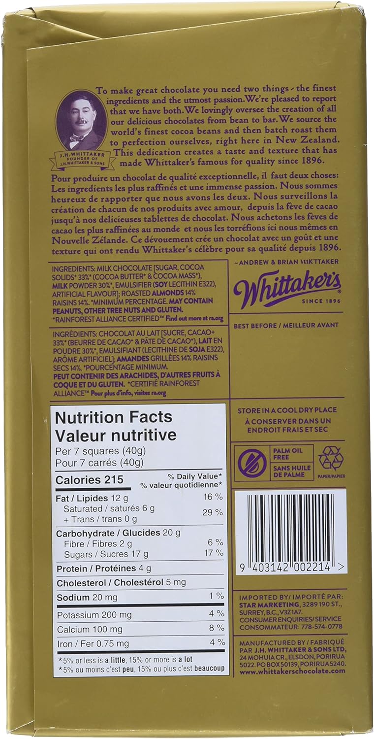 Whittaker's Fruit & Nut 33% Cocoa Milk Chocolate Bar, 200g/7 oz. Bar
