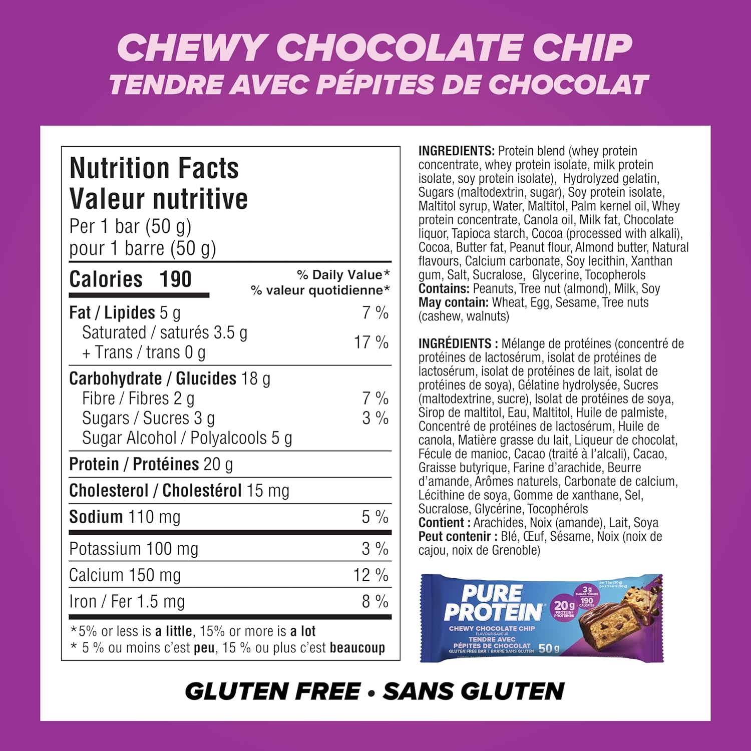 Pure Protein Bars, Gluten Free, Chewy Chocolate Chip, 50g, 6ct