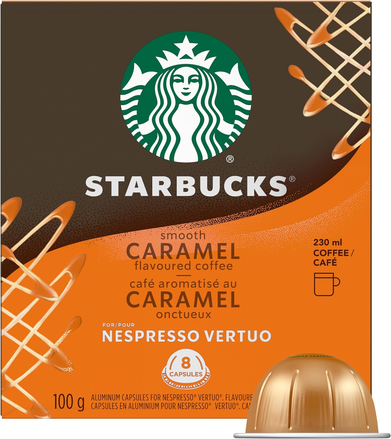 Starbucks Smooth Caramel Flavored Coffee, Capsules for Nespresso Vertuo, 8 count, 100g/3.5 oz