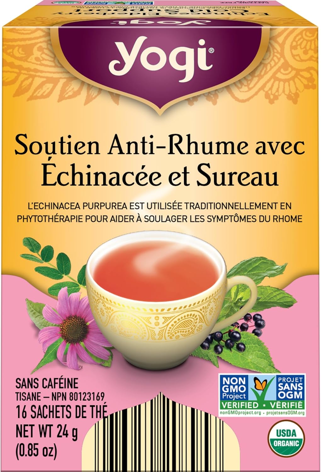 Yogi Echinacea Elderberry Cold Support Herbal Tea, 16 Bags, 24g/0.8 oz. - Back