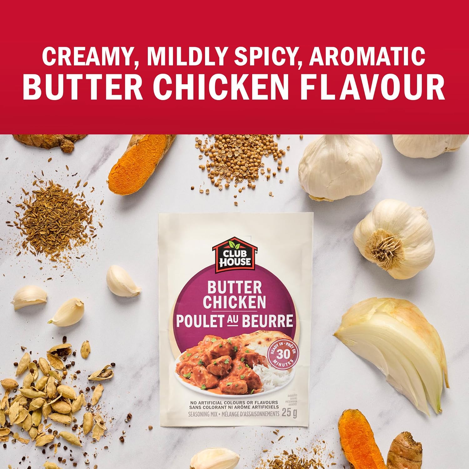 Club House Butter Chicken seasoning packet with spices and herbs on a light background