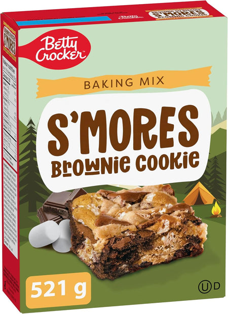 Box of Betty Crocker S'mores Brownie Cookie baking mix with a green background