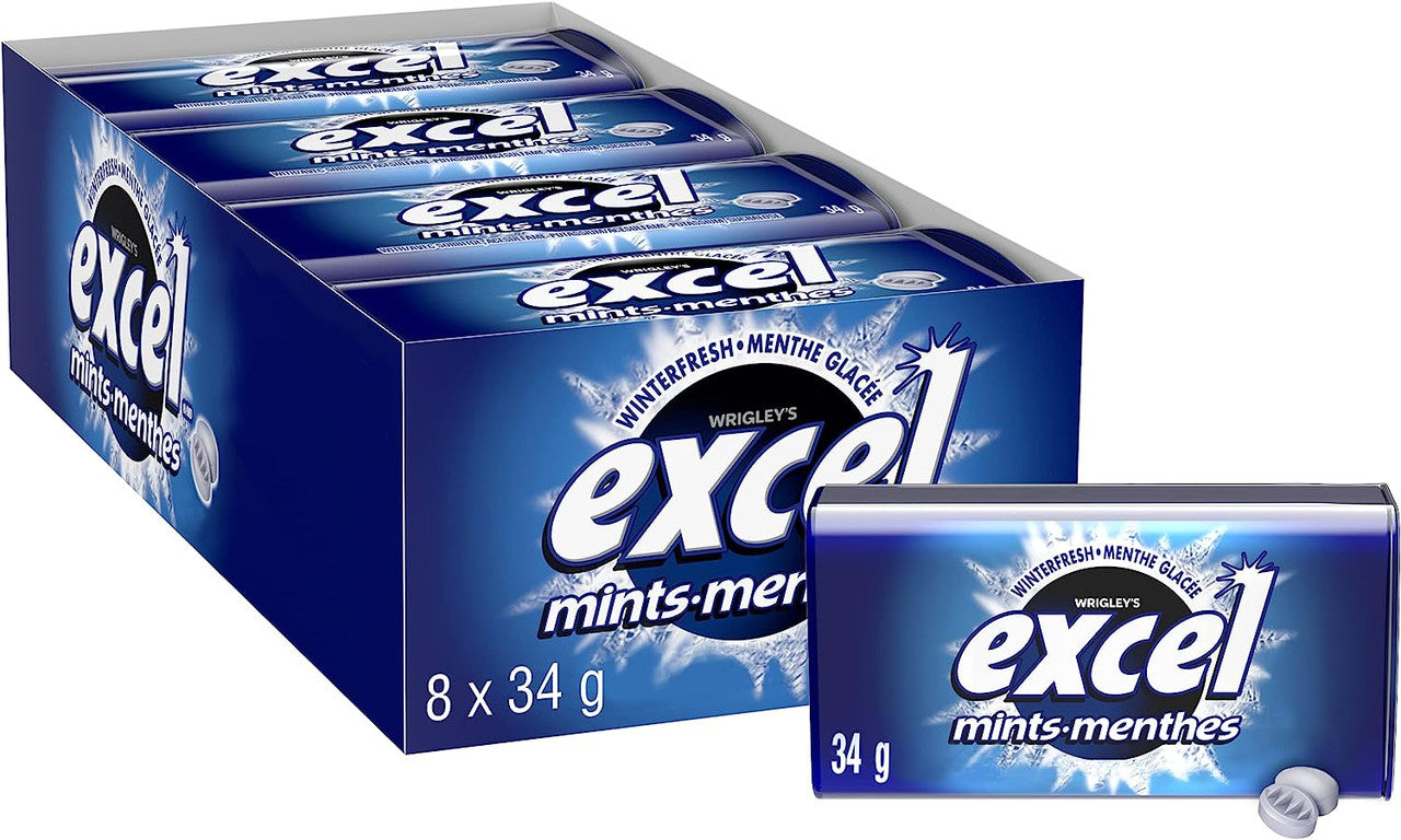 Excel Sugar-Free Mints, 34gm Tins, 8 Count, 2pk., (Winterfresh) {Imported from Canada}
