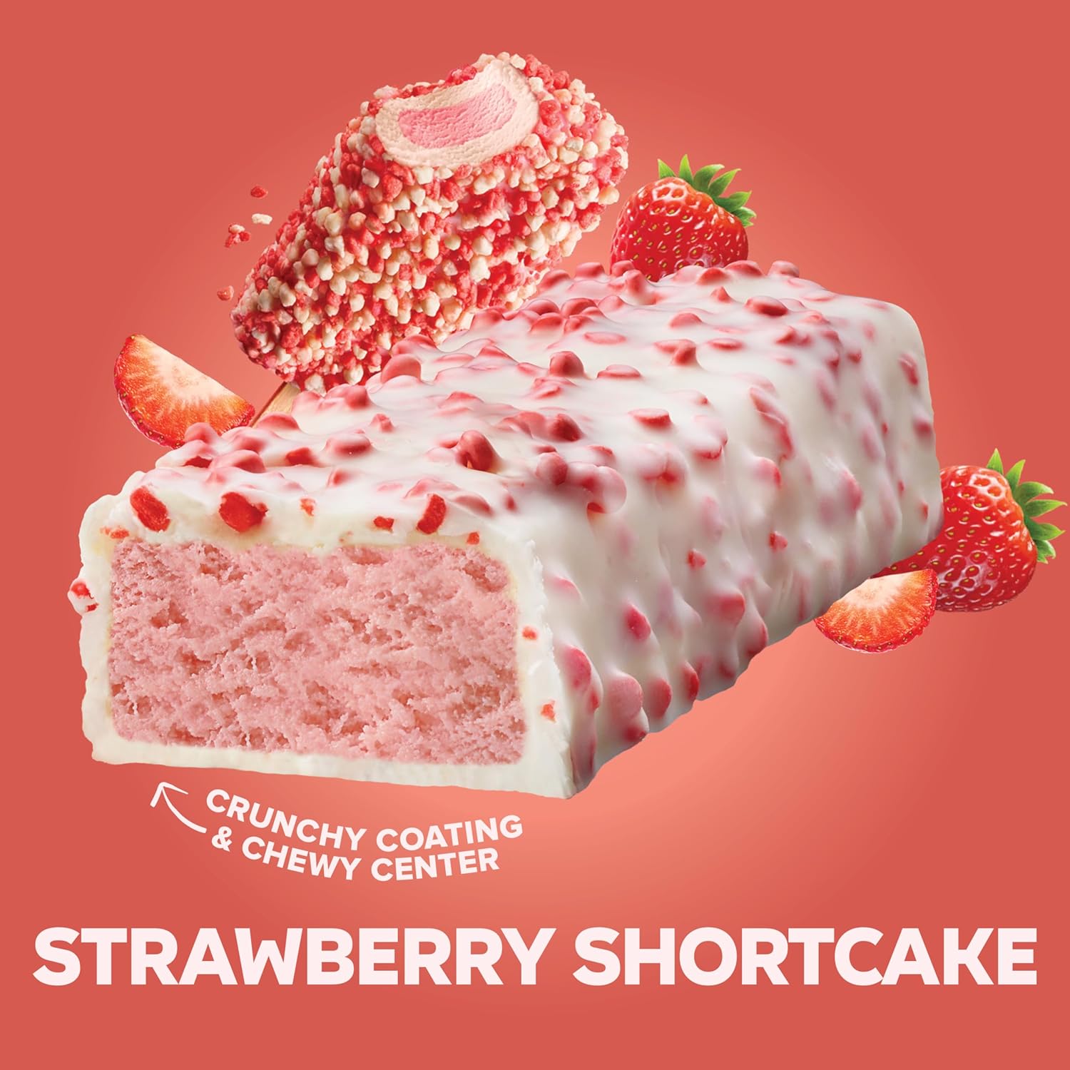 Pure Protein Strawberry shortcake protein bar with a crunchy coating and chewy center on a red background