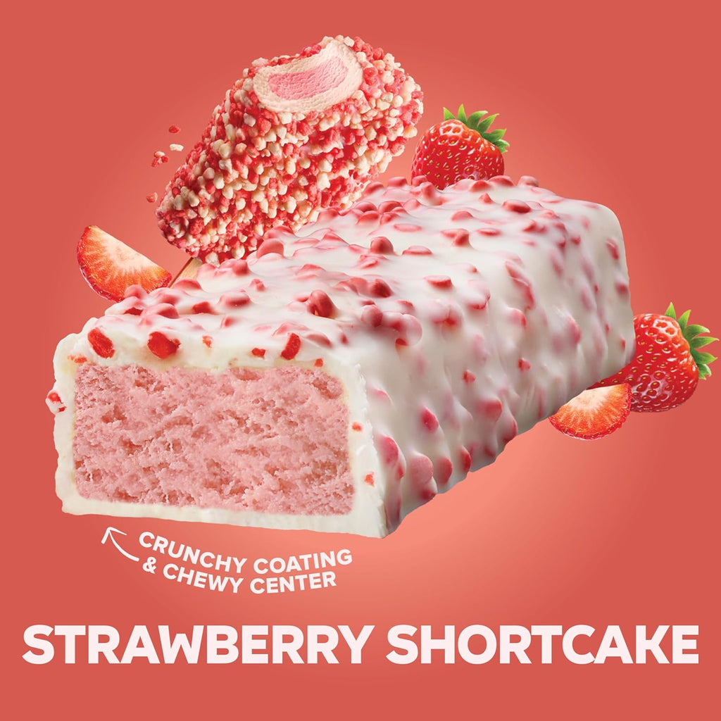 Pure Protein Strawberry shortcake protein bar with a crunchy coating and chewy center on a red background