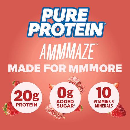 Pure Protein Ammaze packaging with strawberry graphics and text on a red background