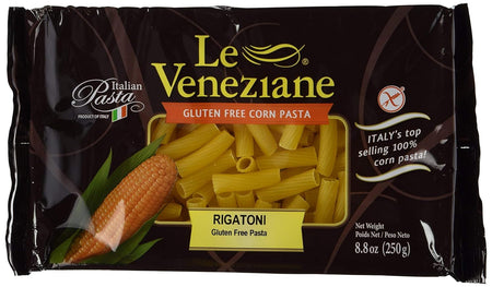 Le Veneziane Gluten Free 100% Corn Rigatoni Pasta, 250g/8.8 oz. Package, front of package.