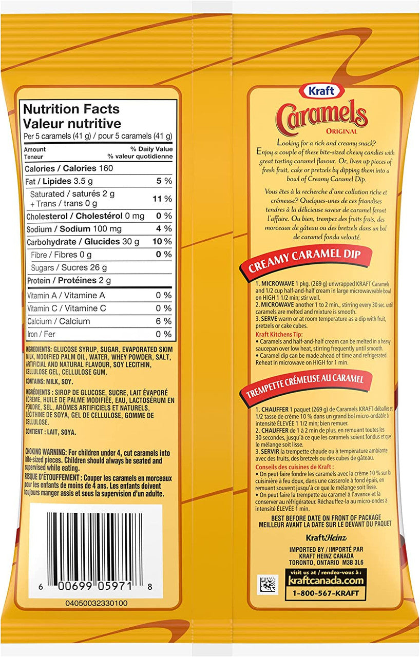 Kraft Original Caramels Chewy Candy 269g/9.5oz Bag (Imported from Canada)