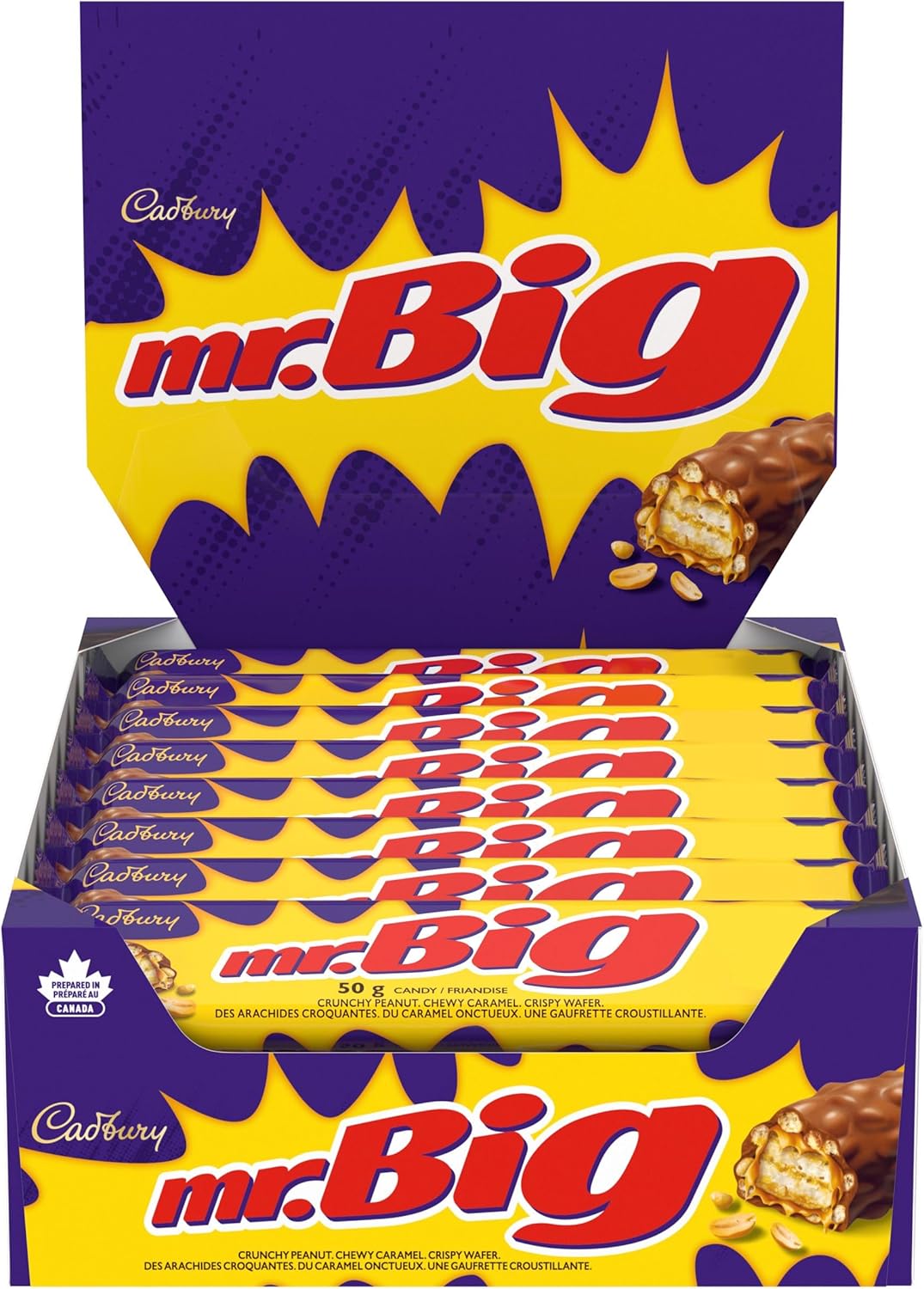 A box of Cadbury Mr. Big Full Size Chocolate Bars, Individually Wrapped Candy - 24x50g, 50g/1.7 oz on a white background