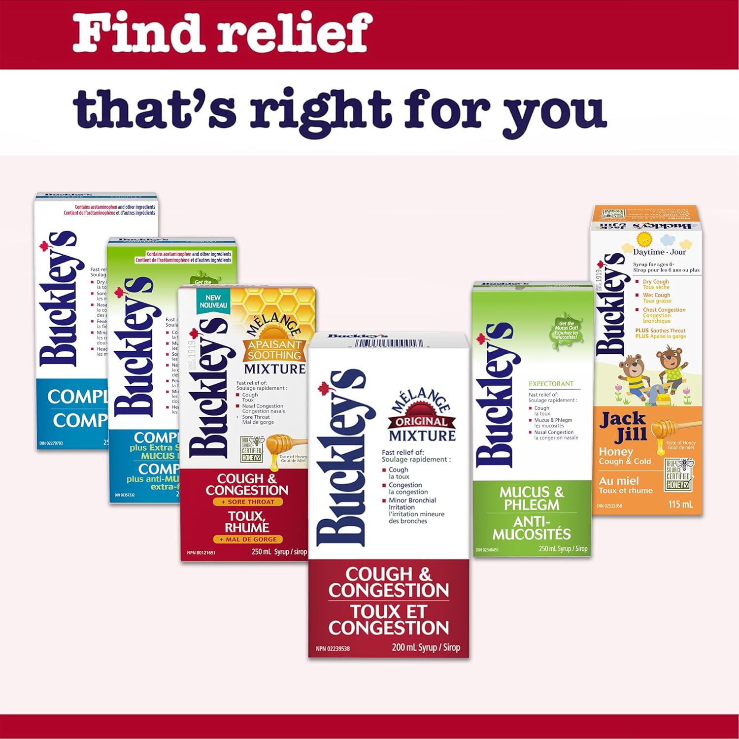 Collection of Buckley's cough and congestion products on a white background with a red banner at the top.