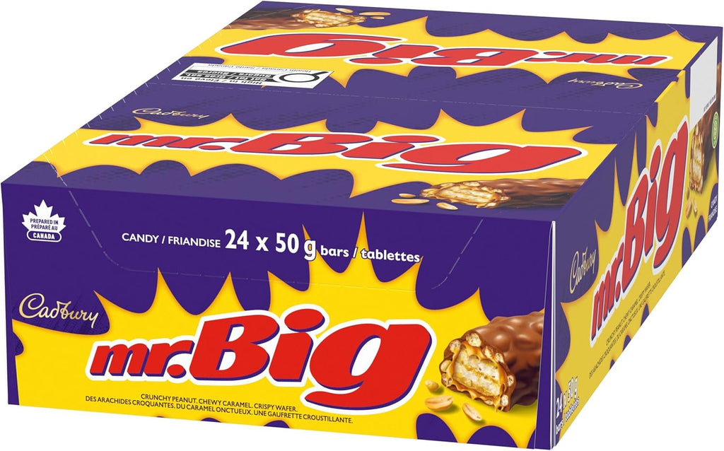 A purple box of 24 Cadbury mr.Big chocolate bars on a white background