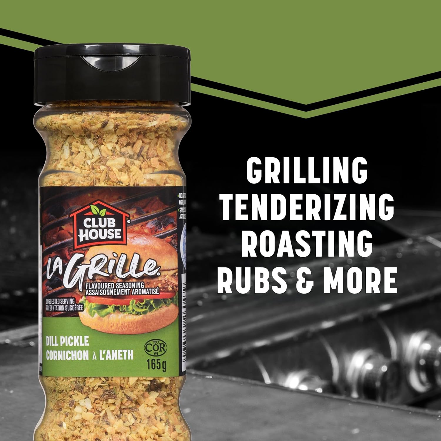 Jar of Club House La Grille Dill Pickle Seasoning with grill in the background
