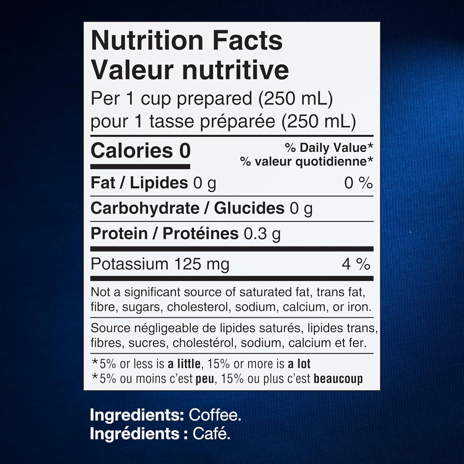 Nutrition facts label for Lavazza Crema E Gusto K-Cup Pods, Medium Roast Coffee, Full-Bodied, 621g/21.9 oz with a blue background