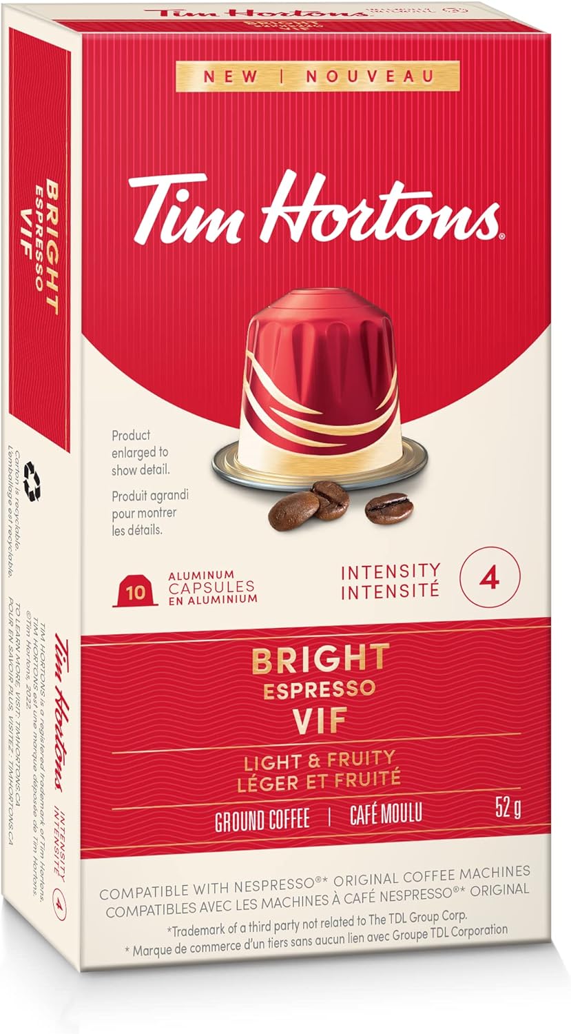 Tim Hortons Bright Espresso, Fine Grind Coffee, Nespresso Aluminum Capsules, 10 Capsules, 52g/1.8 oz
